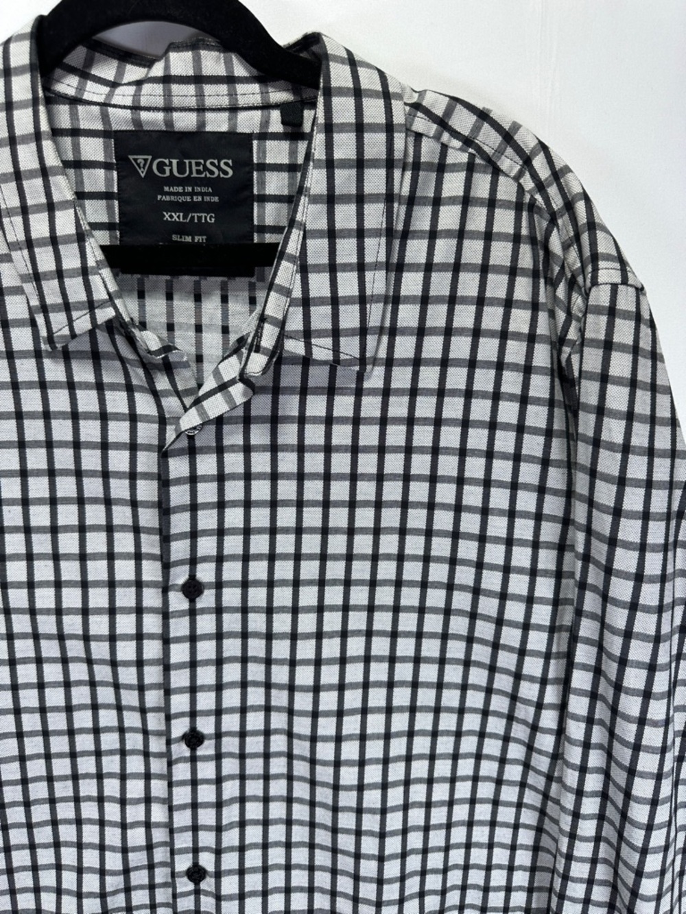 GUESS Men's Black White Grid Check Slim Fit Shirt XXL Cotton Plaid Button Up